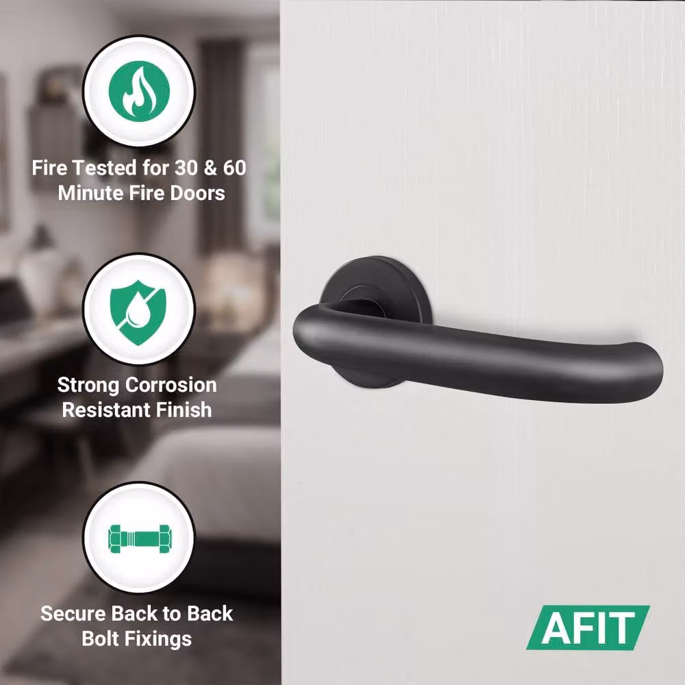 AFIT Matt Black Stainless Steel Return to Door Fire Rated Handles with 64mm Latch Hinges, W x H: 15.0 x 15.0 cm – 4