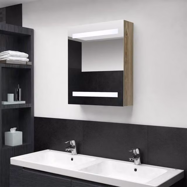 Berkfield Home LED Bathroom Mirror Cabinet in Brown Oak, W: 50 cm, D: 14 cm, H: 60 cm
