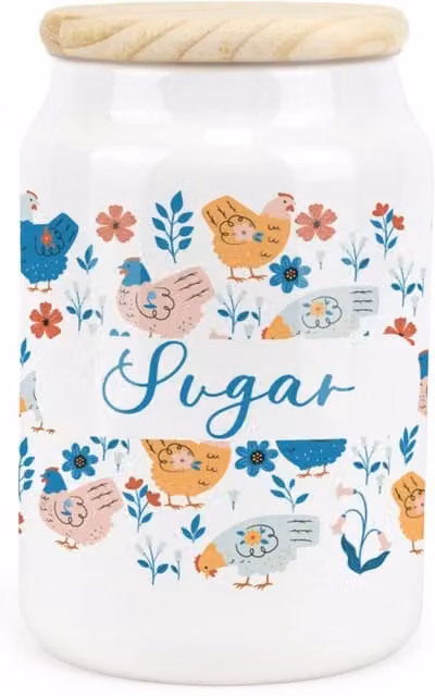 Purely Home Botanical Chickens Ceramic Sugar Storage Canister in Blue and White