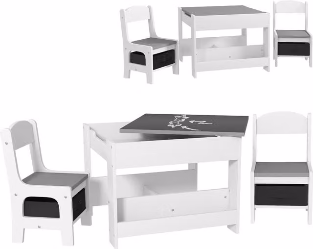 HOMCOM 3-Piece Kids Table and Chair Set with Blackboard, Storage and Bookshelves in Grey and White