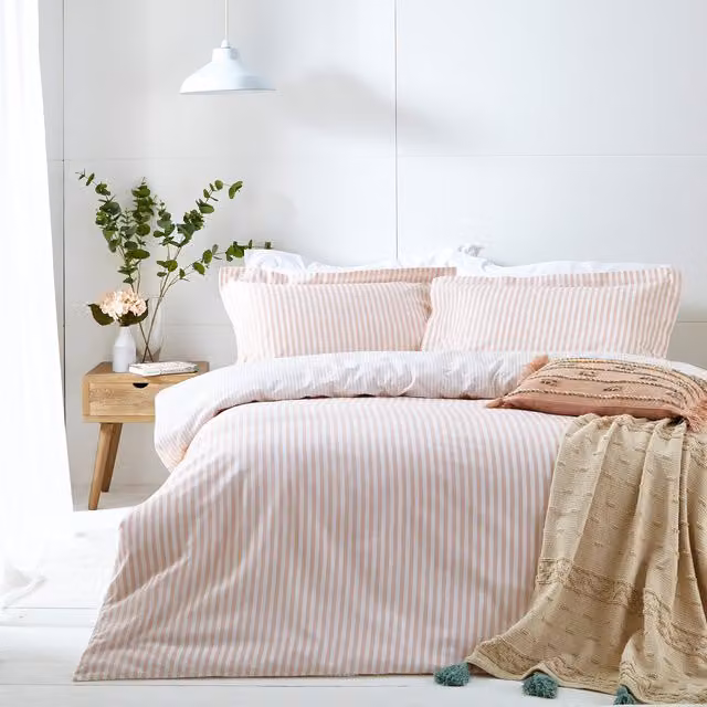 Hebden Reversible Striped Duvet Cover and Pillowcase Set in Pink, W: 180 cm x L: 200 cm