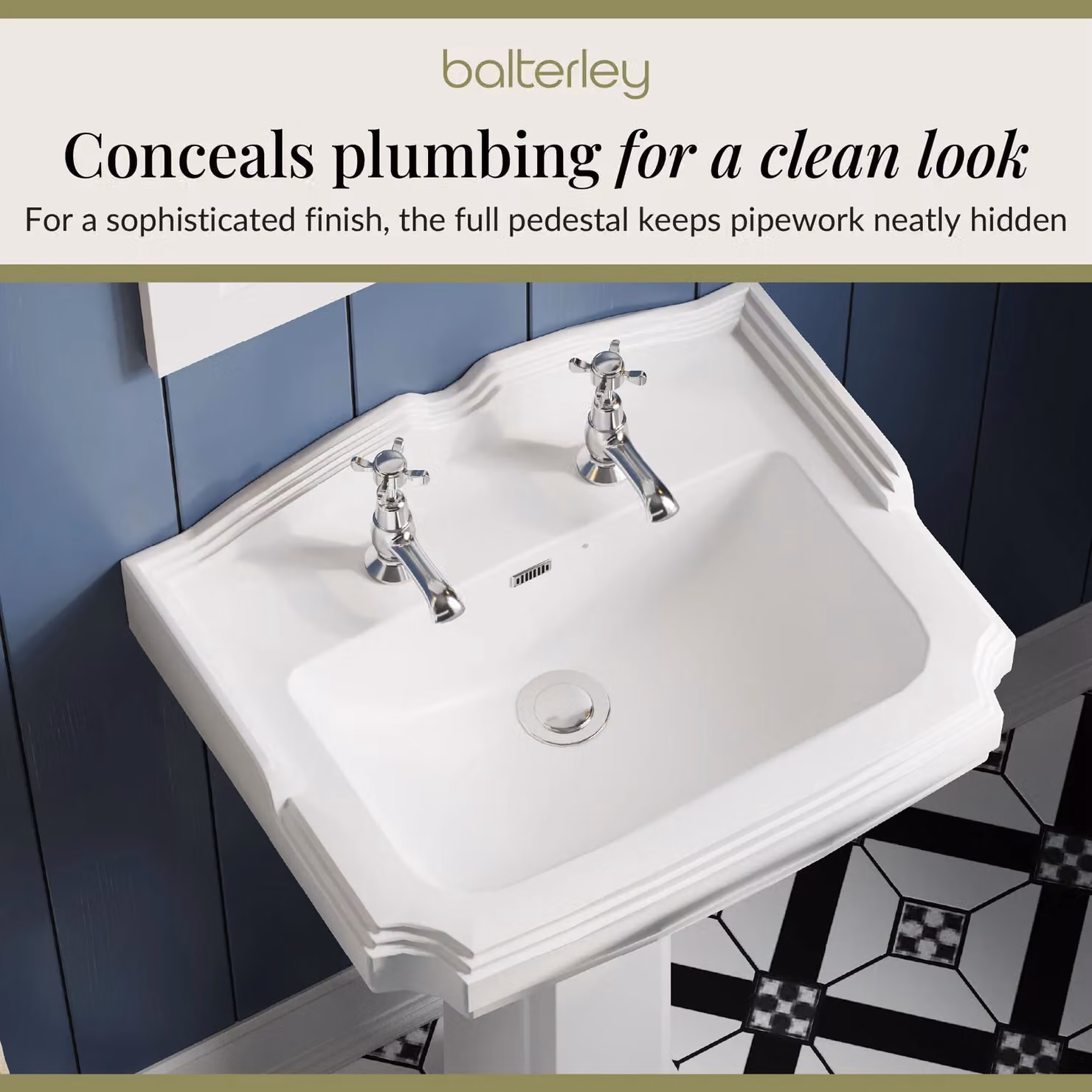Balterley Traditional Rectangular 2 Tap Hole Ceramic Bathroom Basin with Full Pedestal, White, Width: 59 cm – 4