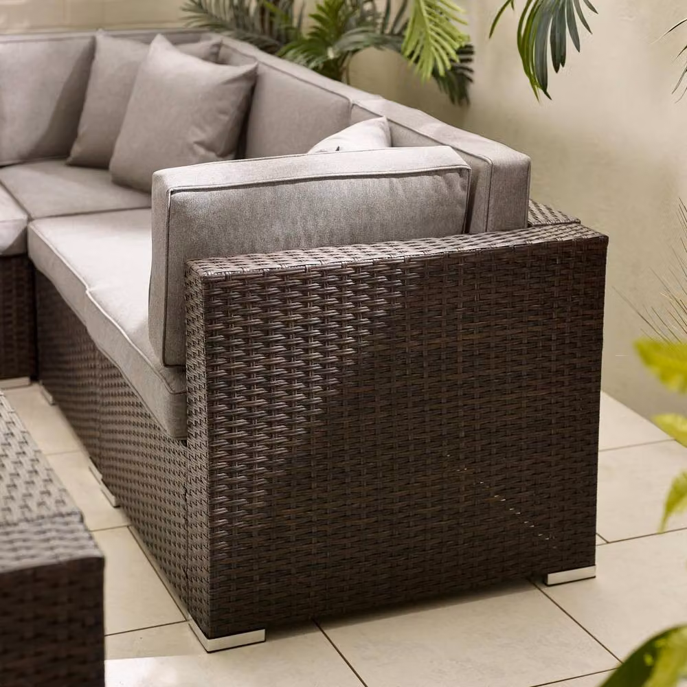 FurnitureboxUK Orlando 10 Seat Modular Outdoor Garden Rattan Sofa in Brown with Upholstered Cushions and Coffee Table – 3