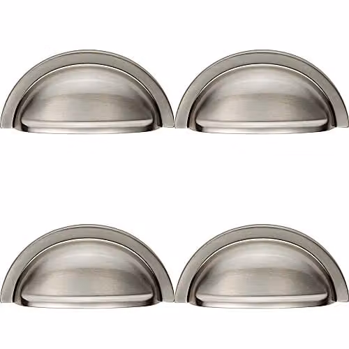 Loops 4 Pack Shell Cabinet Cup Pull Handles in Satin Nickel, W: 9.1 cm, H: 4.5 cm, Fixing Centres: 7.6 cm