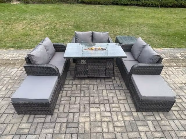 Fimous Rattan Outdoor Garden Furniture Set in Dark Grey with Gas Fire Pit Dining Table, Side Table, Love Sofa and 2 Footstools