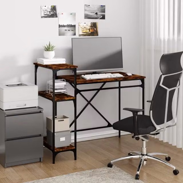 Berkfield Home Industrial Computer Desk with Shelves in Smoked Oak and Brown, W/D/H: 105 x 50 x 90 cm – 1