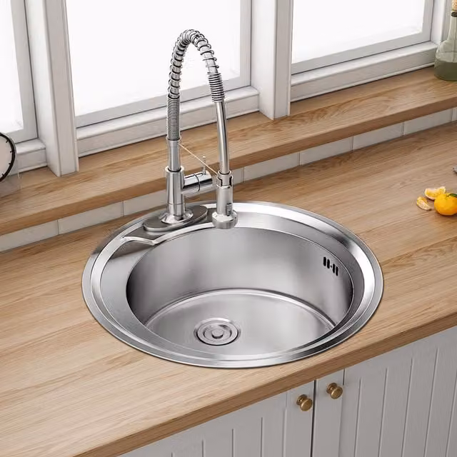Livingandhome Round Stainless Steel Kitchen Sink Wash Basin Bowl with Removable Drainer Set, Silver, Diameter: 51 cm