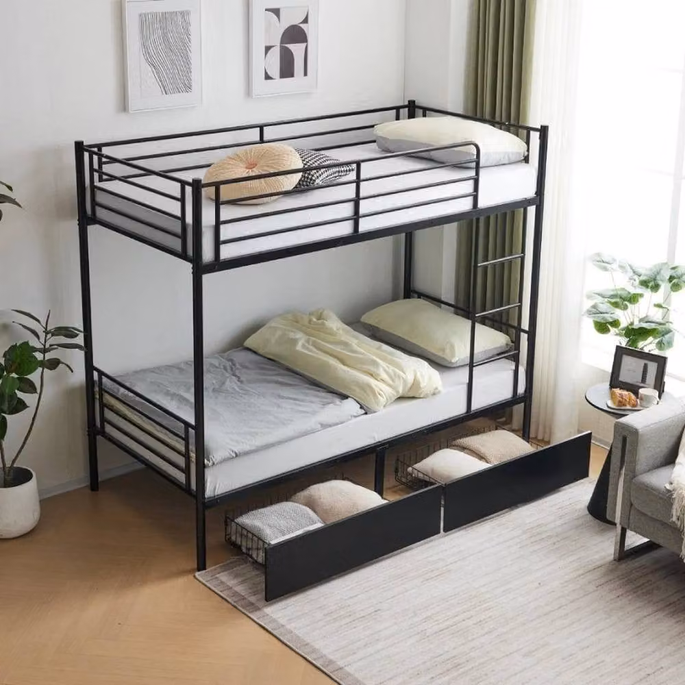 KORVIXA Twin Bunk Bed Frame with Two Storage Drawers, Black Metal Loft Sleeper, 90 x 190 cm – 3