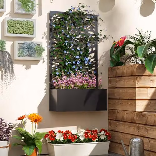Outsunny Metal Raised Garden Bed with Trellis and Privacy Screen in Black – 6