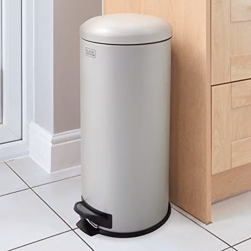 Black+Decker 30 Litre Dome Kitchen Pedal Bin with Soft Close Lid and Removable Inner Bucket in Grey Steel