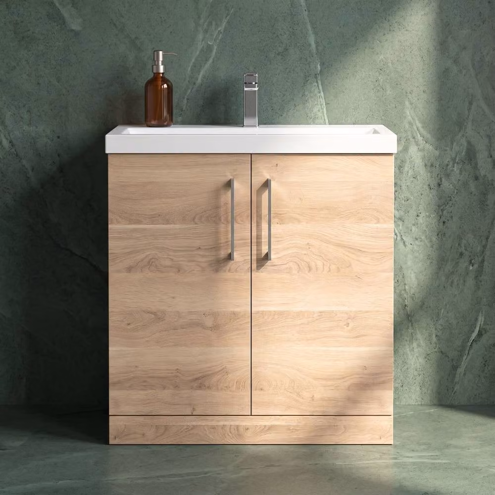 Balterley Brown Bleached Oak 2-Door Freestanding Bathroom Vanity and Basin Unit with Soft-Close Doors and Internal Shelves, Width: 80 cm – 3