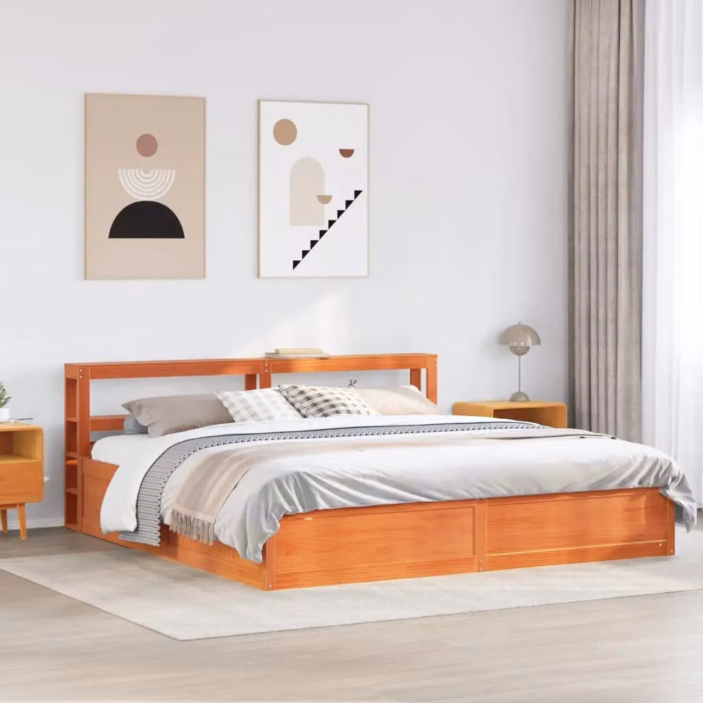 Berkfield Home Solid Wood Pine Bed Frame with Headboard and Side Compartments, Wax Brown, 200 x 200 cm – 3