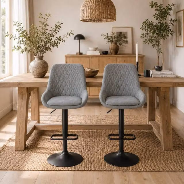 Wyld Haus Taraneno Set of 2 Retro Adjustable Bar Stools in Light Grey Faux Leather