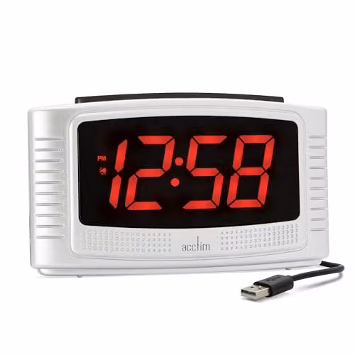 Acctim Vina Large Red LCD Display Digital Mains Alarm Clock in Silver