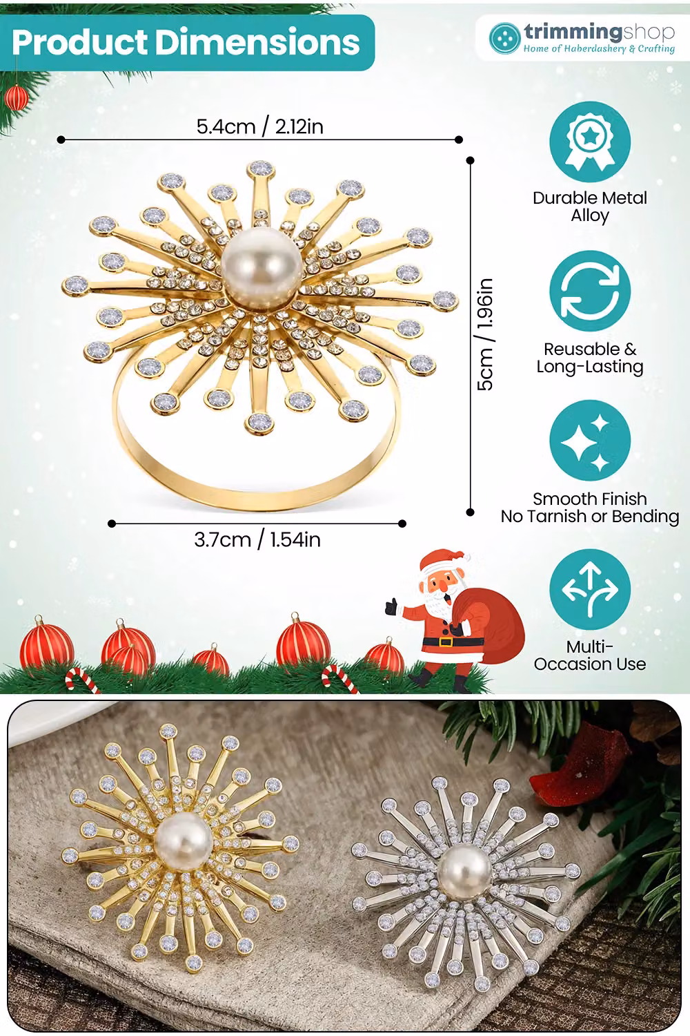 Neel Blue Sunburst Motif Pearl Napkin Rings with Gold Diamante Rhinestones – 2