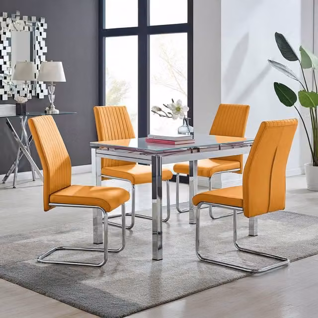 FurnitureboxUK Enna White Glass Extending Modern Kitchen Dining Table and 4 Lorenzo Chairs in Mustard and Yellow