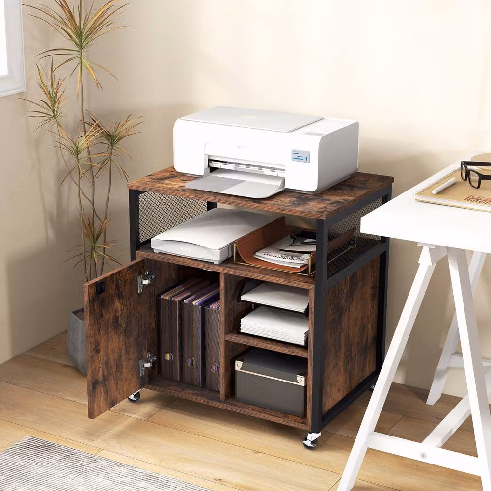 Gymax Industrial Metal and MDF File Cabinet on Wheels, Brown, H: 66.0 cm x W: 60.0 cm – 4