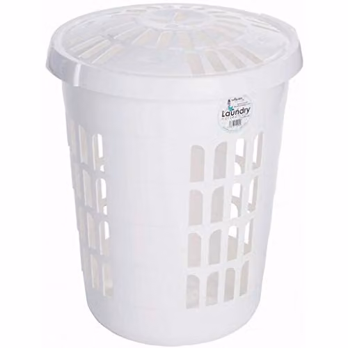 Casa Deluxe Round Laundry Hamper with Lid, White, 60L