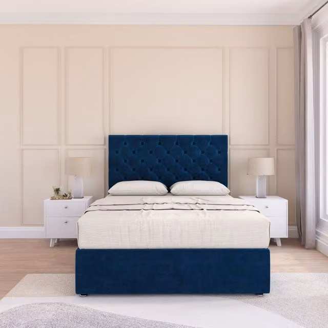 Sloomy Mayfair King Size Plush Velvet Hybrid Memory Foam Bed Set with Headboard in Navy Blue, W/D/H: 180 x 200 cm