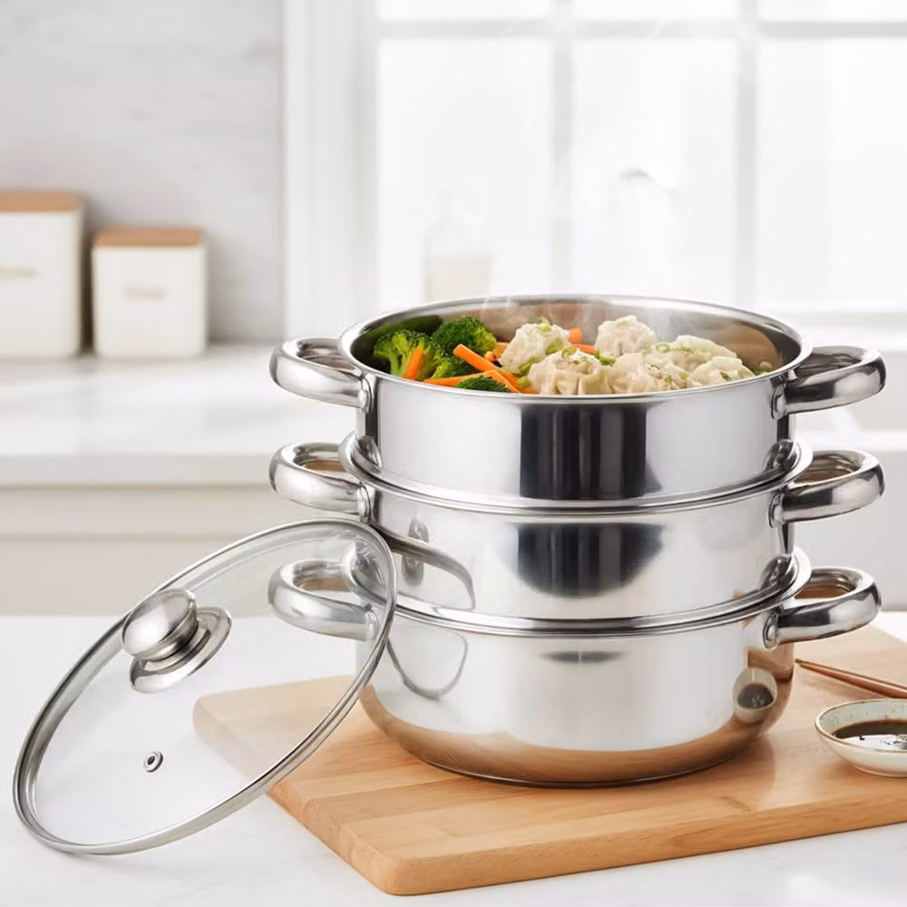 Crystals 3 Tier Stainless Steel Induction Hob Steamer Pot with Glass Lid, Metallic Silver, Diameter: 22 cm – 5