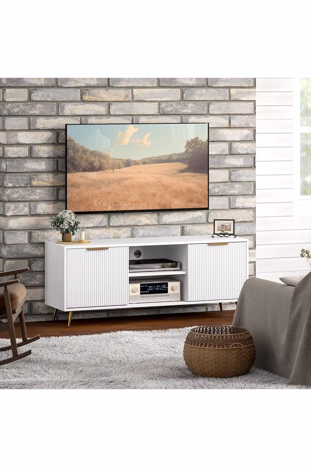 ERGOVEXA Modern White MDF TV Stand Cabinet with Media Compartments and Grommet, W: 120 cm, D: 35 cm, H: 48 cm – 3