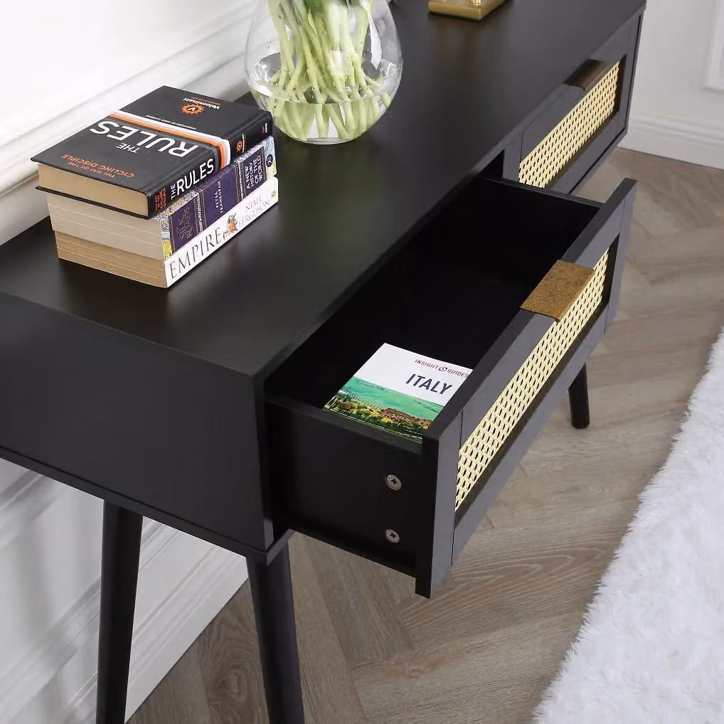 Home Garden Direct Craven Black Lacquered Console Table with Rattan Cane Front – 2