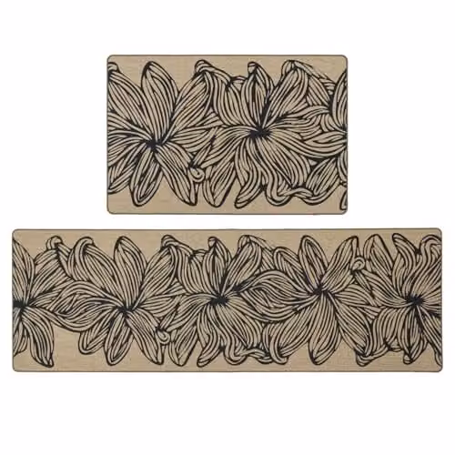 JVL Elegance Floral Machine Washable Non-Slip Entrance Doormat and Runner Set in Sand, Black and Beige