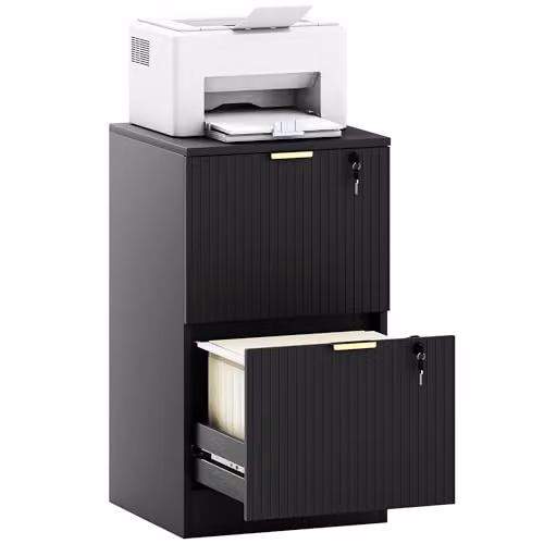 HOMCOM Modern Black and Gold 2 Drawer Filing Cabinet with Lockable Drawers and Hanging Rails, W/D/H: 40 x 40 x 71 cm