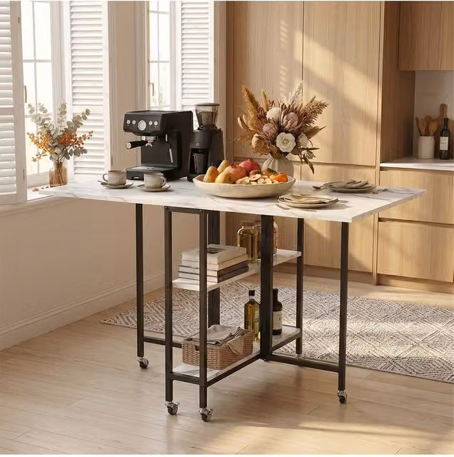 Living and Home Modern Rectangular Folding Dining Table with Castors and Storage Shelves in White and Black