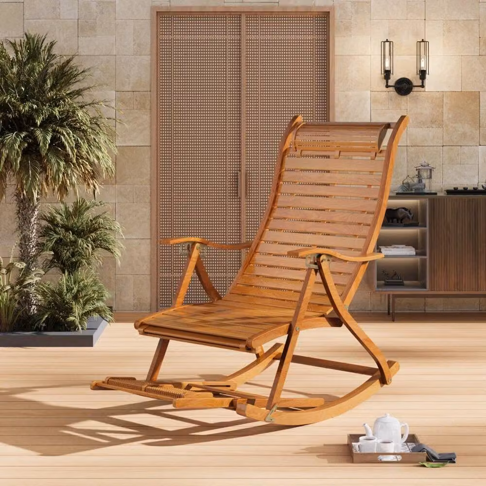 KORVIXA Brown Bamboo Rocking Chair with Adjustable Headrest and Armrests – 5