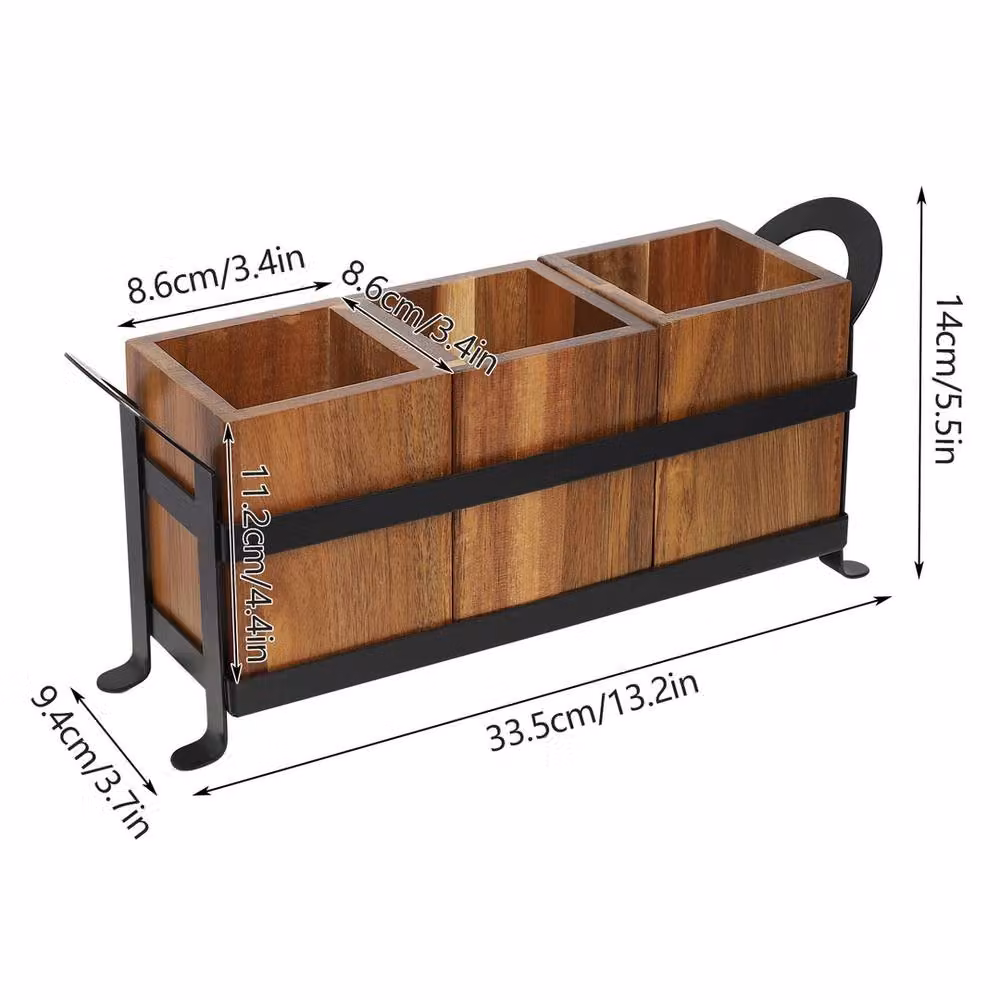 VOGREX Rustic Wooden and Metal Kitchen Utensil Cutlery Organizer Holder with Compartments in Brown and Black – 2