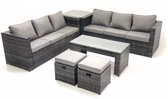 Fimous Garden Outdoor Rattan Furniture Set in Grey with Upholstered Sofas, Coffee Table and Ottoman