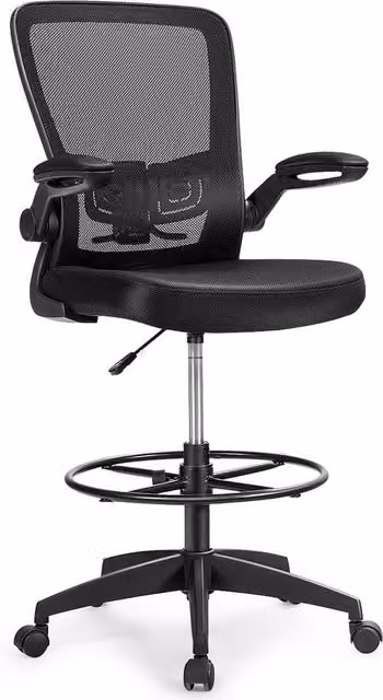 Gymax Ergonomic Black Mesh Drafting Chair with Flip-up Armrests and Swivel Base