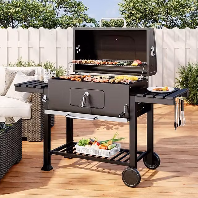 Livingandhome Mobile 2-layer Charcoal BBQ Cooker with Side Shelves, Warming Rack and Thermometer, Black, W: 160 cm