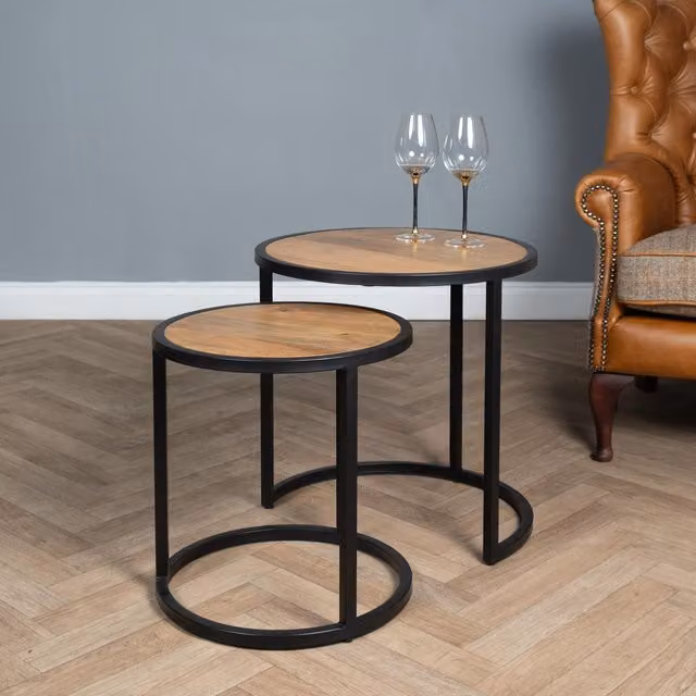 Elm Home And Garden Round Nest Of Two Tables with Mango Wood Tops and Black Metal Frame