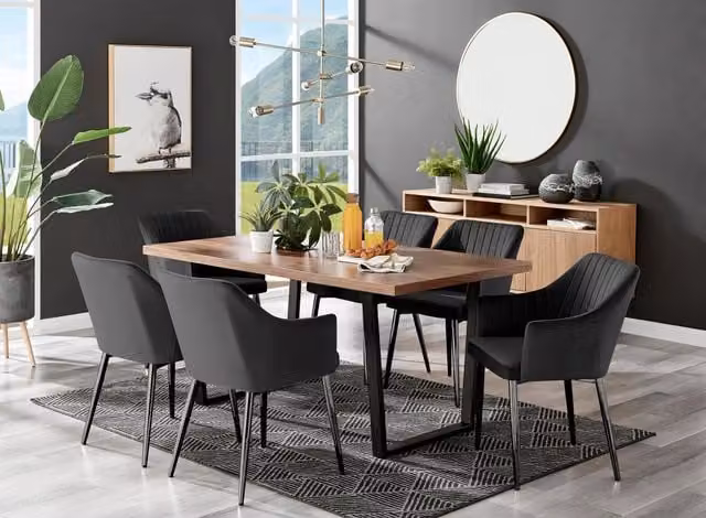 FurnitureboxUK Kylo Brown Wood Effect Rectangular Dining Table and 6 Black Leg Velvet Chairs – 1