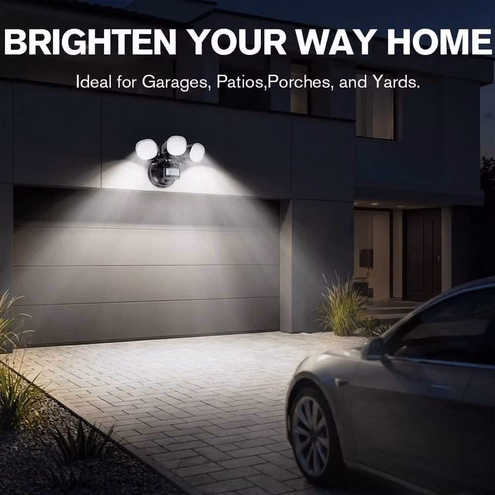 NESTLUNE 3-Head LED PIR Motion Sensor Outdoor Floodlight in Black – 5
