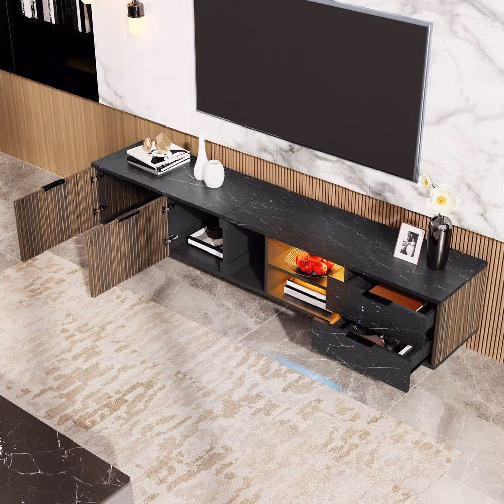 Merax Black Marble Effect TV Cabinet with Dark Wood Grain Doors and LED, W: 200 cm, D: 50 cm, H: 38 cm – 4