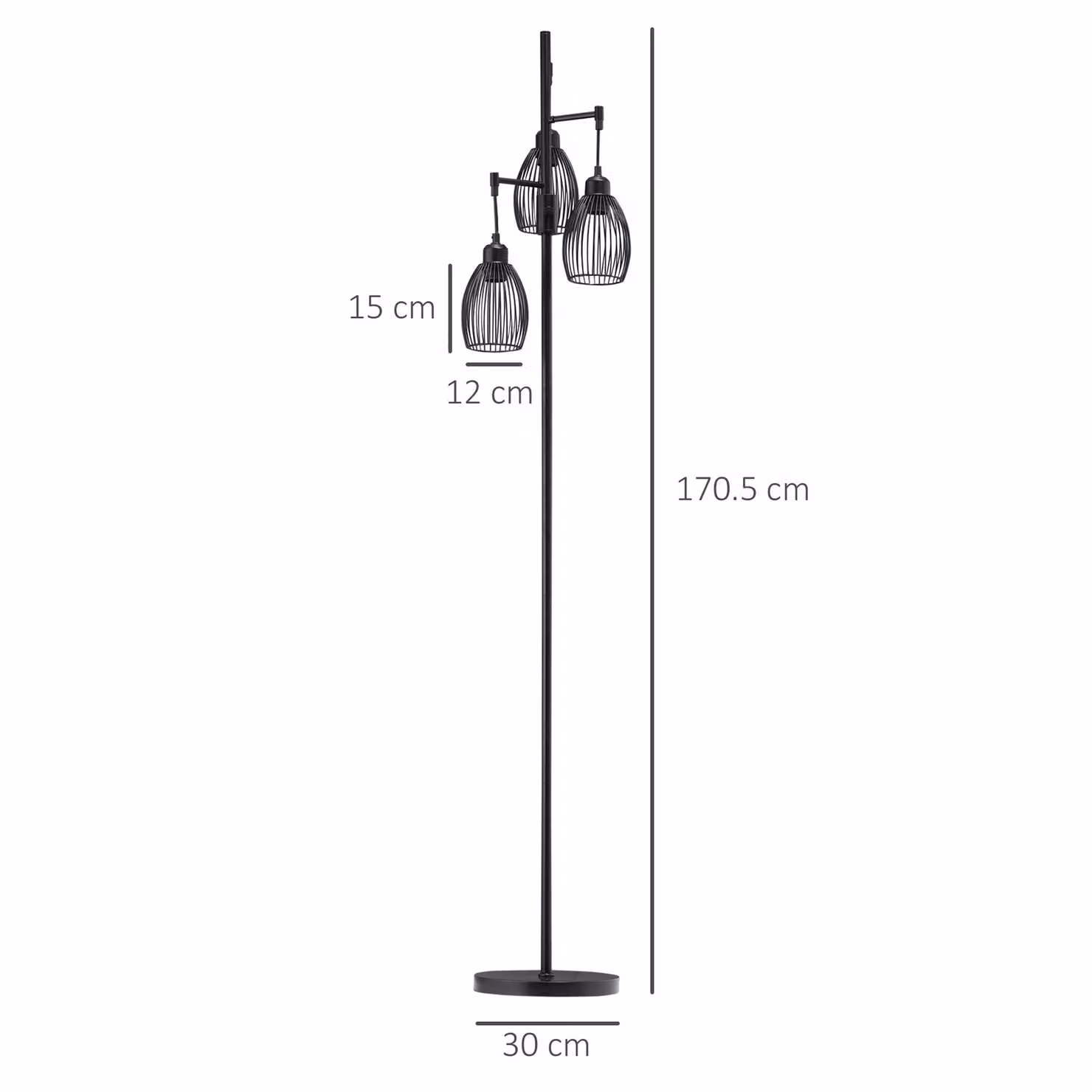 HOMCOM Industrial 3-Light Floor Standing Lamp with Metal Lampshades, Black – 3