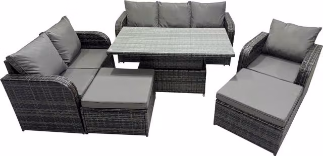 Fimous 8-Seater Grey Rattan Garden Patio Set with L-Shape Sofa, Armchairs, Height-Adjustable Lifting Coffee Table and Ottomans