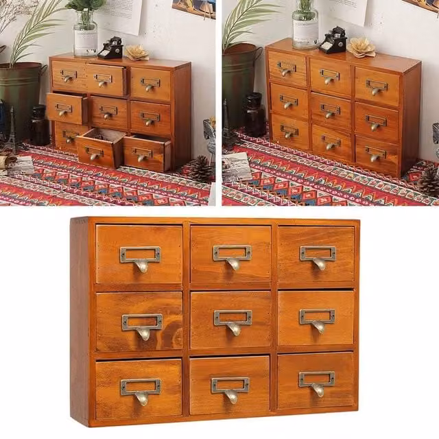 SPETLEK Solid Wood 9-Drawer Storage Cabinet in Brown Oak Finish, W: 100 cm, D: 15 cm
