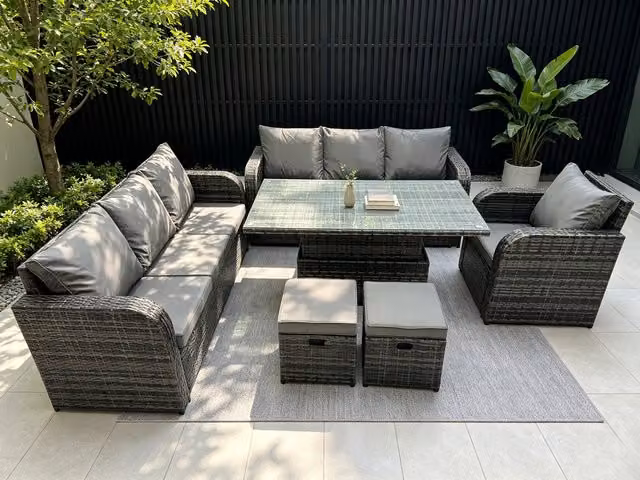 Fimous Rattan Garden Dining Set with Reclining Sofa and Footstool in Dark Grey