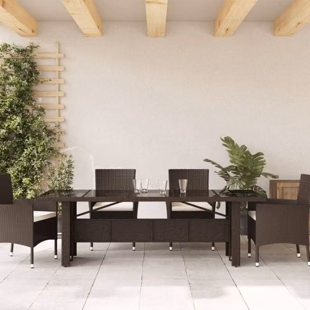 Berkfield Home Brown Poly Rattan Extendable Garden Table with Glass Top, W: 240 cm, D: 90 cm, H: 75 cm