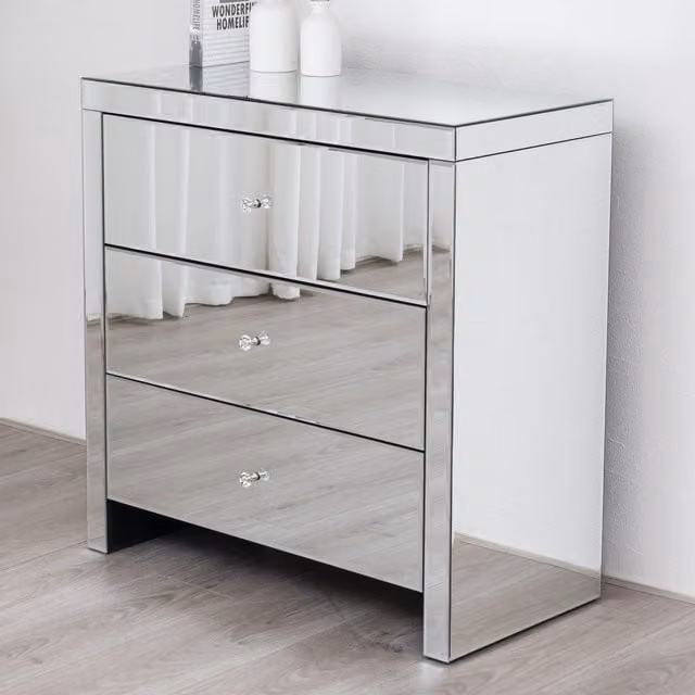 Comfy Living Silver Mirrored Chest of Drawers with Glossy Glass Top, Width: 82 cm