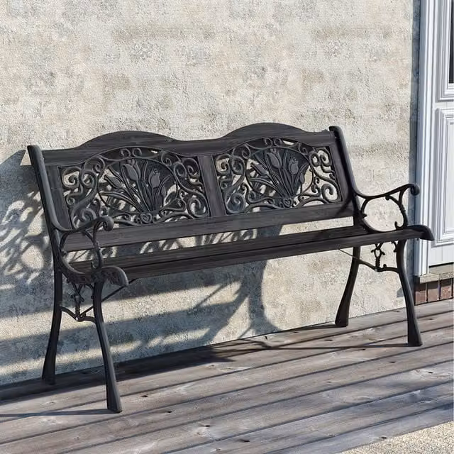 Breeins Black and Brown Metal and Wood Outdoor Garden Bench for Patio and Terrace
