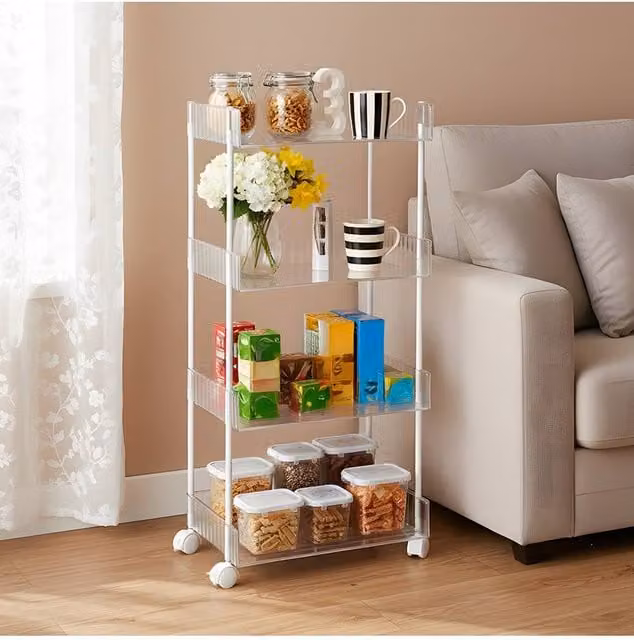 Living and Home 4-Tier Transparent Open-Side Rolling Storage Cart Trolley Organiser Unit in Clear