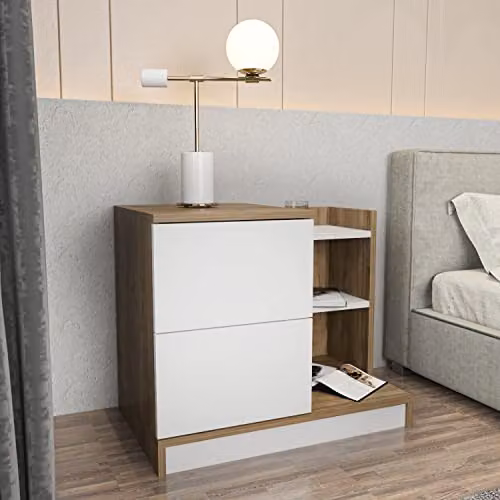 DECOROTIKA Rena Modern Wide Bedside Table with Drawer in White and Brown – 3