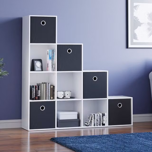 Vida Designs Durham 10 Cube Staircase Storage Unit in White with 5 Black Baskets