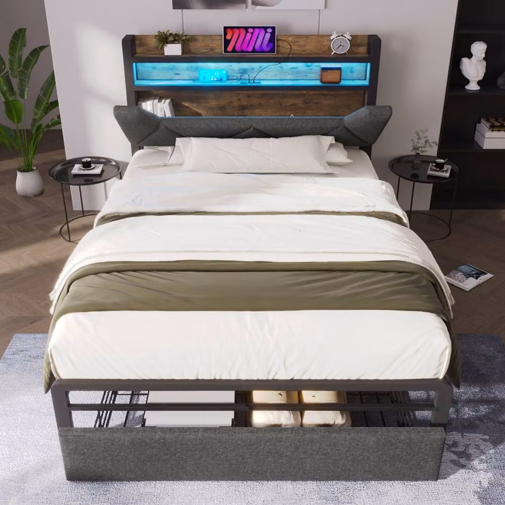 ModernLuxe Grey Upholstered Double Bed with Storage Drawers, Headboard and LEDs, W/D/H: 140 x 200 cm – 6