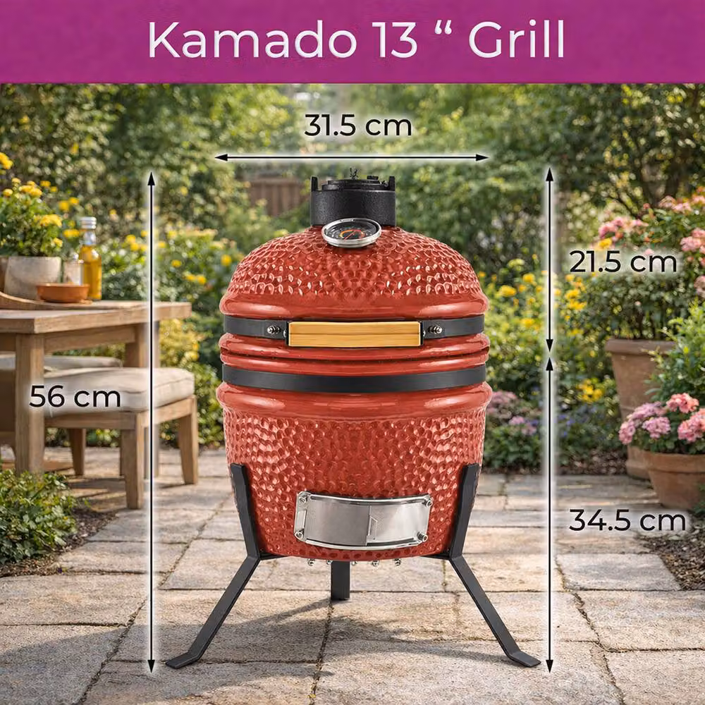Neo Kamado 13 inch Ceramic Mini BBQ Grill and Portable Smoker Oven in Red with Cast Iron Details W/D/H: 33.0 x 33.0 x 33.0 cm – 5